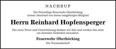 Traueranzeige Reinhard Hopfensperger