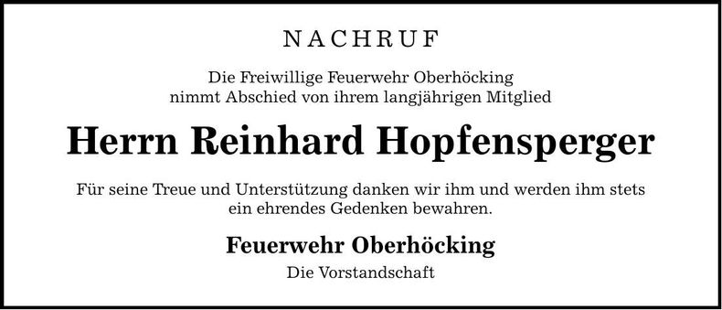 Traueranzeige Reinhard Hopfensperger