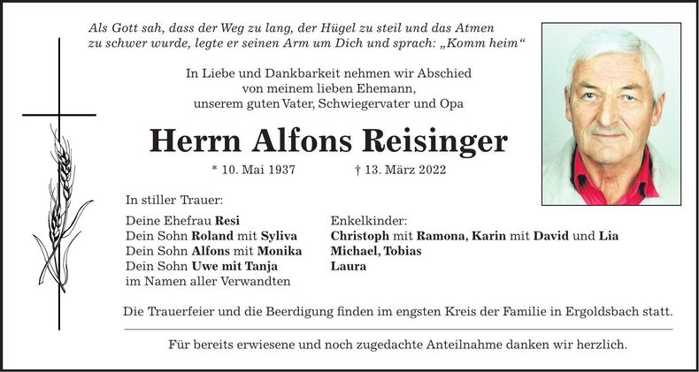 Traueranzeige Alfons Reisinger