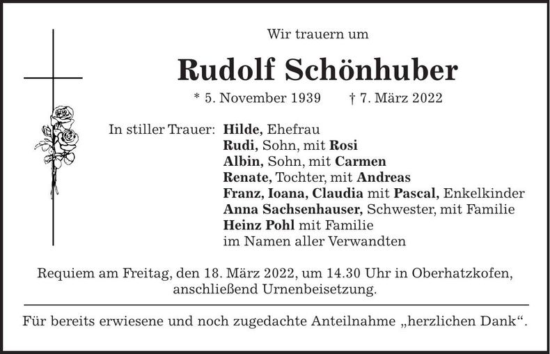 Traueranzeige Rudolf Schönhuber