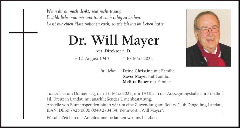 Traueranzeige Dr. Will Mayer