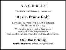 Traueranzeige Franz Rabl