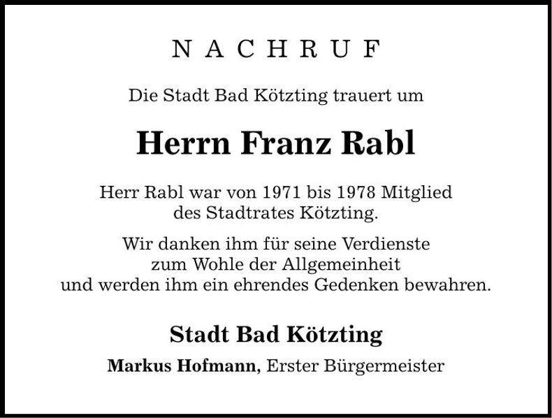 Traueranzeige Franz Rabl