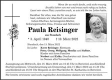 Traueranzeige Paula Reisinger