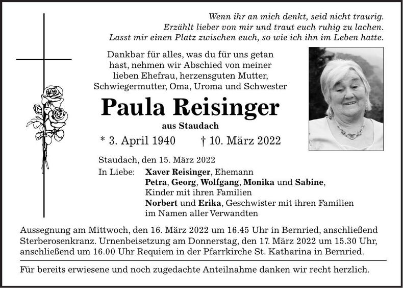 Traueranzeige Paula Reisinger