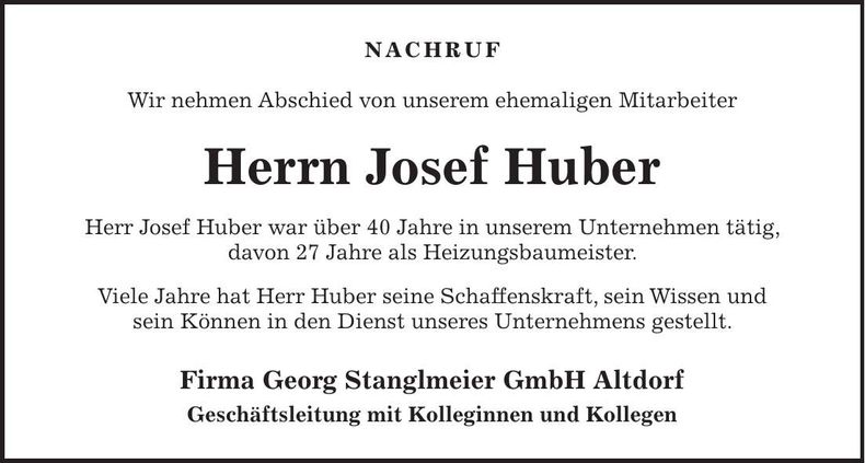 Traueranzeige Josef Huber
