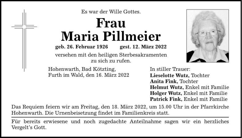 Traueranzeige Maria Pillmeier