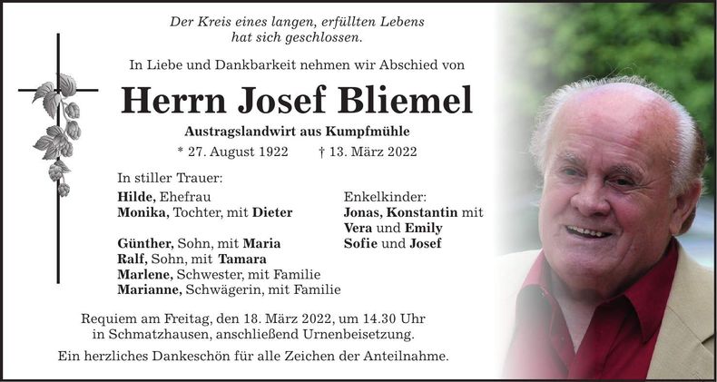Traueranzeige Josef Bliemel