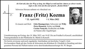 Traueranzeige Franz (Fritz) Kozma