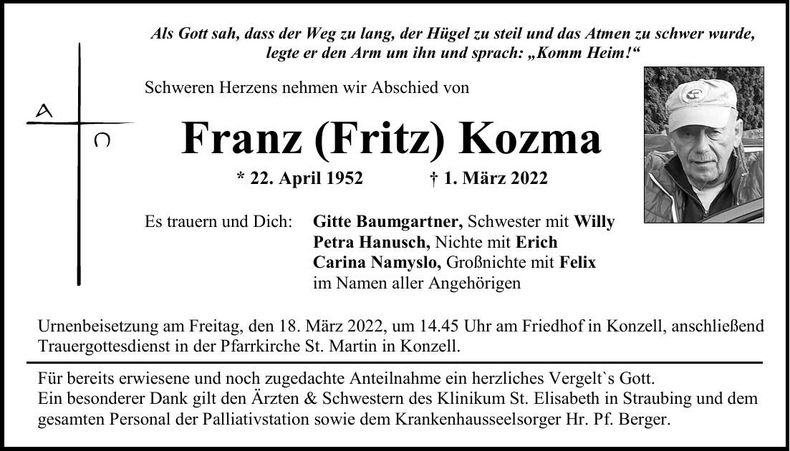 Traueranzeige Franz (Fritz) Kozma