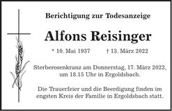Traueranzeige Alfons Reisinger