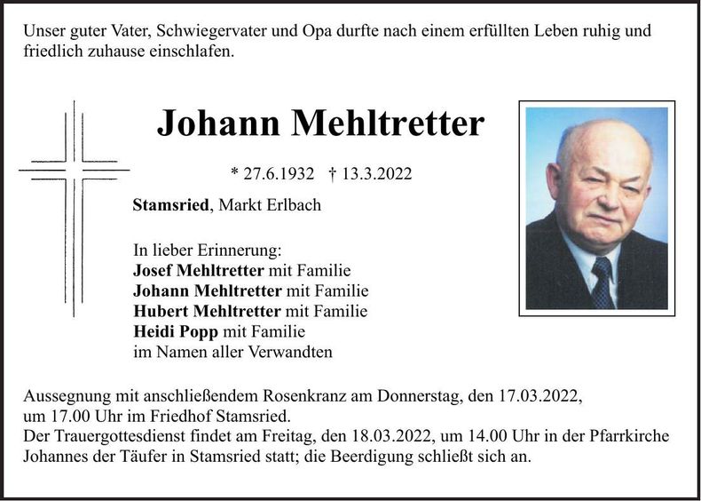 Traueranzeige Johann Mehltretter