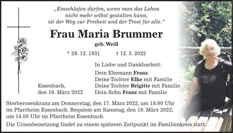 Traueranzeige Maria Brummer