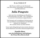 Traueranzeige Julia Pongratz
