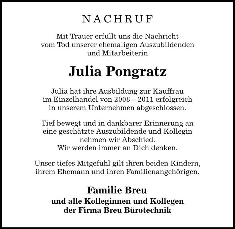 Traueranzeige Julia Pongratz