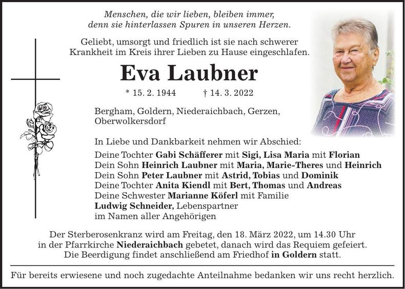 Traueranzeige Eva Laubner