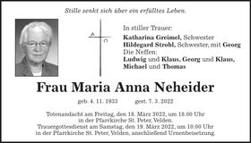 Traueranzeige Maria Anna Neheider