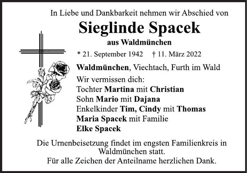 Traueranzeige Sieglinde Spacek