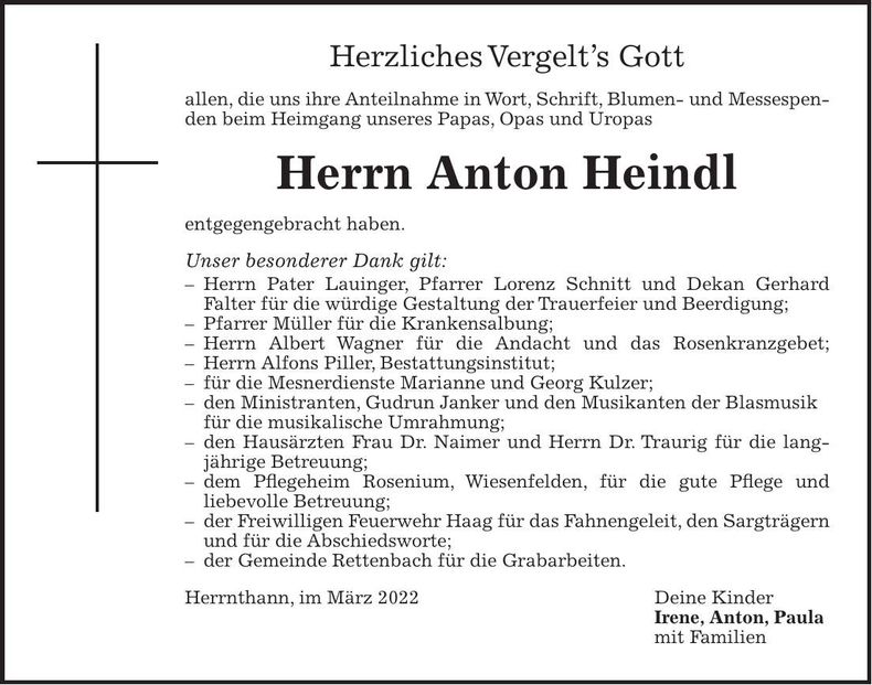 Traueranzeige Anton Heindl