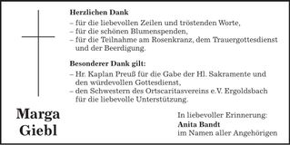 Traueranzeige Marga Giebl