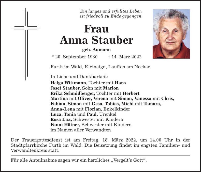 Traueranzeige Anna Stauber
