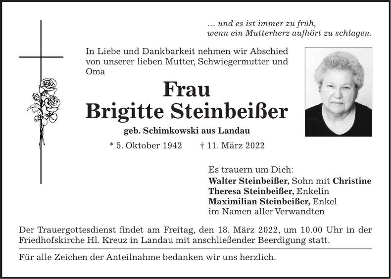 Traueranzeige Brigitte Steinbeißer