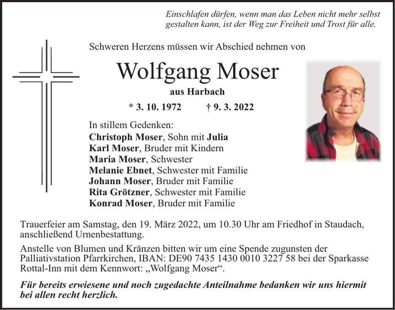 Traueranzeige Wolfgang Moser