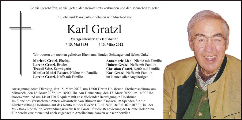 Traueranzeige Karl Gratzl