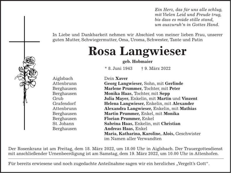Traueranzeige Rosa Langwieser