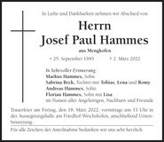 Traueranzeige Josef Paul Hammes