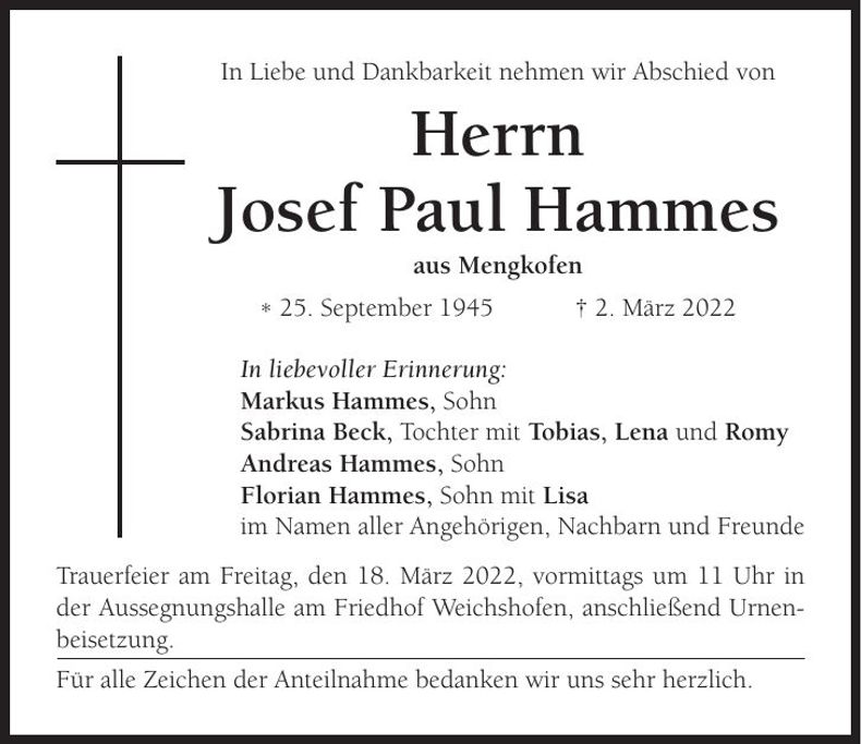 Traueranzeige Josef Paul Hammes