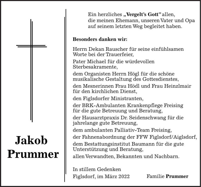 Traueranzeige Jakob Prummer