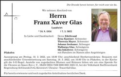 Traueranzeige Xaver Franz Glas