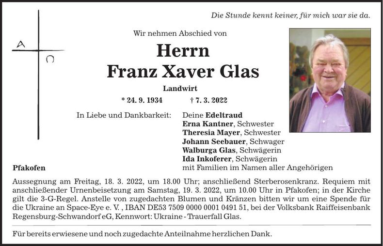 Traueranzeige Xaver Franz Glas