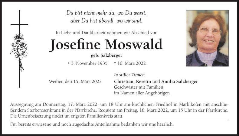 Traueranzeige Josefine Moswald