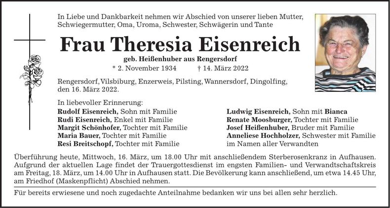 Traueranzeige Theresia Eisenreich