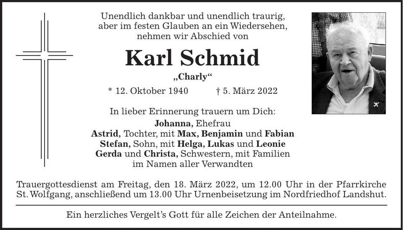 Traueranzeige Karl Schmid