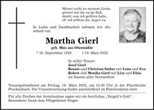 Traueranzeige Martha Gierl