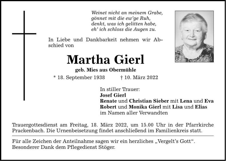 Traueranzeige Martha Gierl
