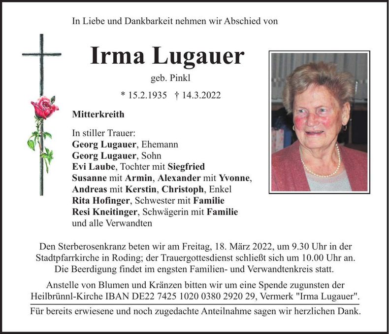 Traueranzeige Irma Lugauer