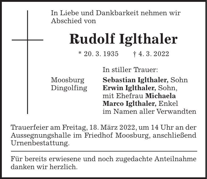 Traueranzeige Rudolf Iglthaler