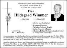 Traueranzeige Hildegard Wimmer
