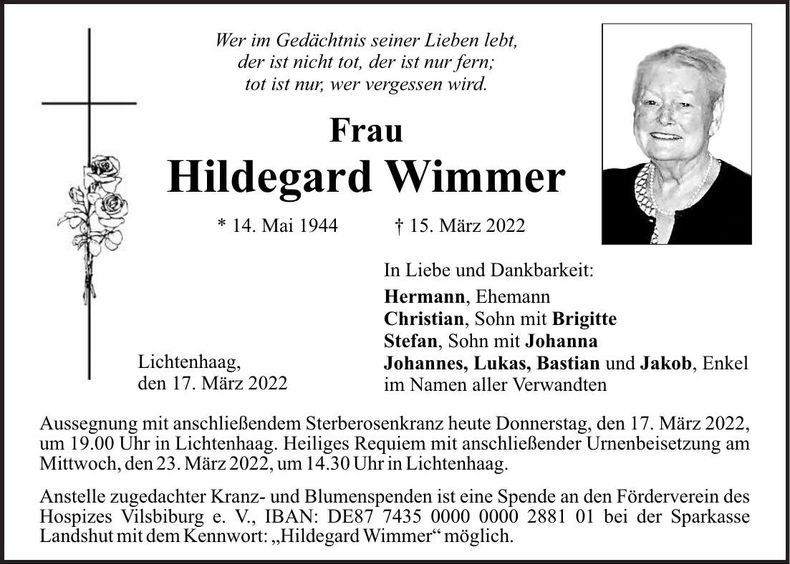 Traueranzeige Hildegard Wimmer