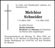 Traueranzeige Melchior Schneider
