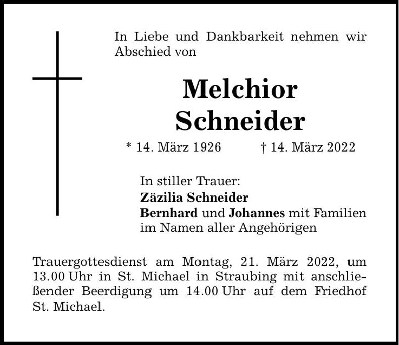 Traueranzeige Melchior Schneider