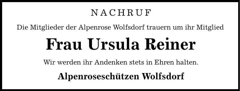 Traueranzeige Ursula Reiner