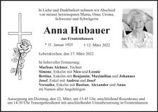 Traueranzeige Anna Hubauer