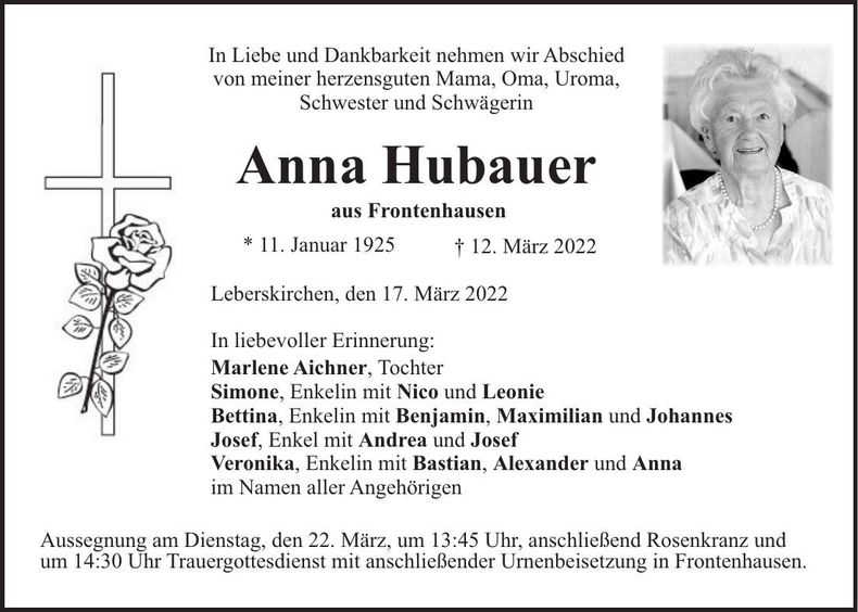 Traueranzeige Anna Hubauer
