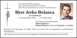 Traueranzeige Jerko Bolanca