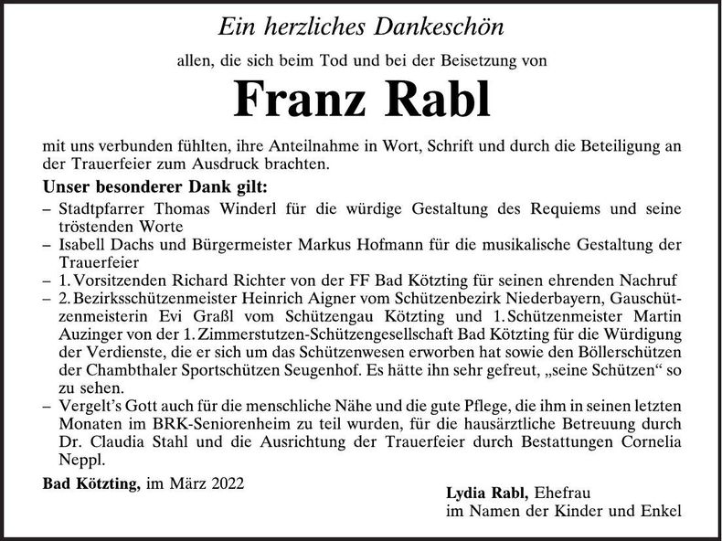 Traueranzeige Franz Rabl